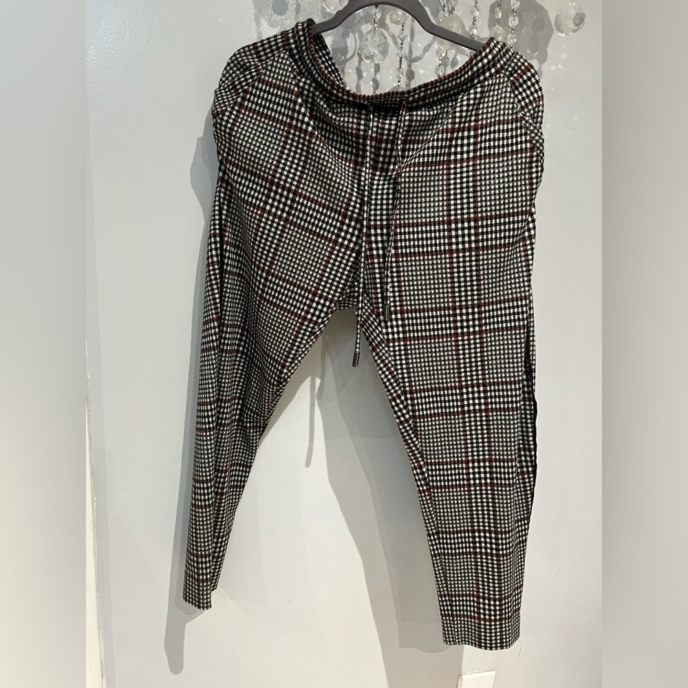 Anthropologie Herringbone Plaid Pull on Pants Size Small Cream Black Brown